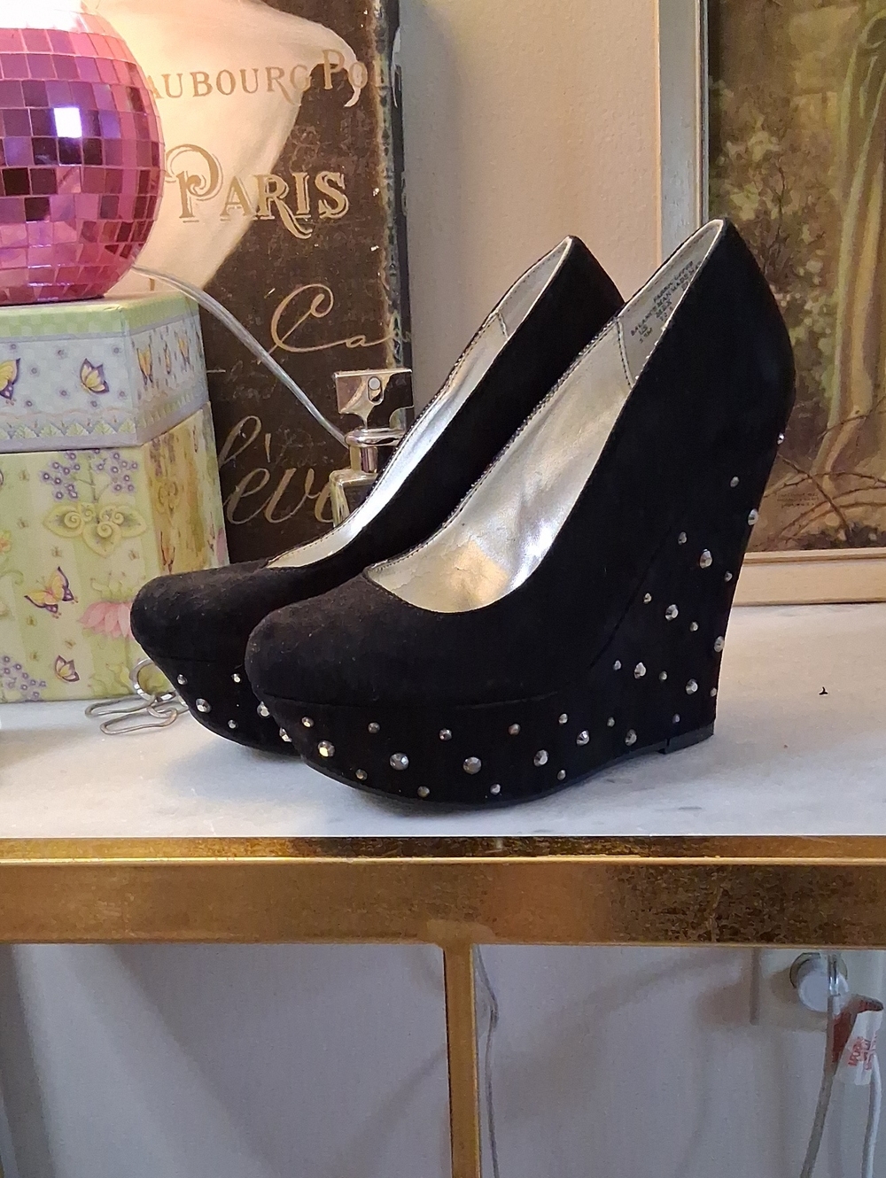 SM NewYork Black Studded Suede Wedge Heels